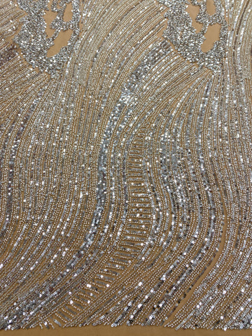 Dantela Couture Argintie pe Tulle Nude cu Model Geometric, cu Margele si Paiete