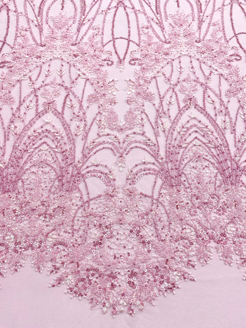 Dantela Couture Roz cu Model Geometric, cu Perle, Margele si Paiete