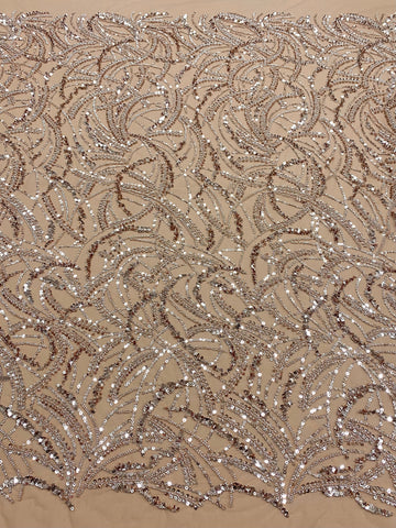 Dantela Couture Auriu Rose cu Model Geometric, Margele si Paiete