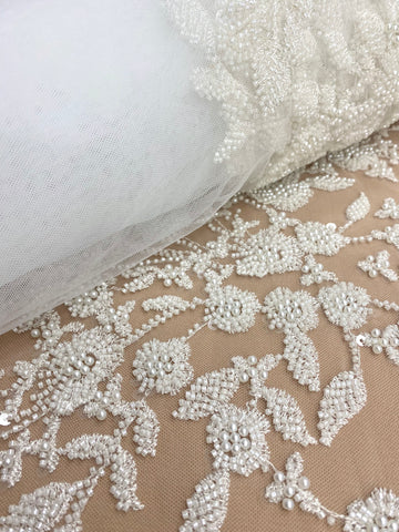 Dantela Couture Ivory cu Model Floral, Perle, Margele si Paiete