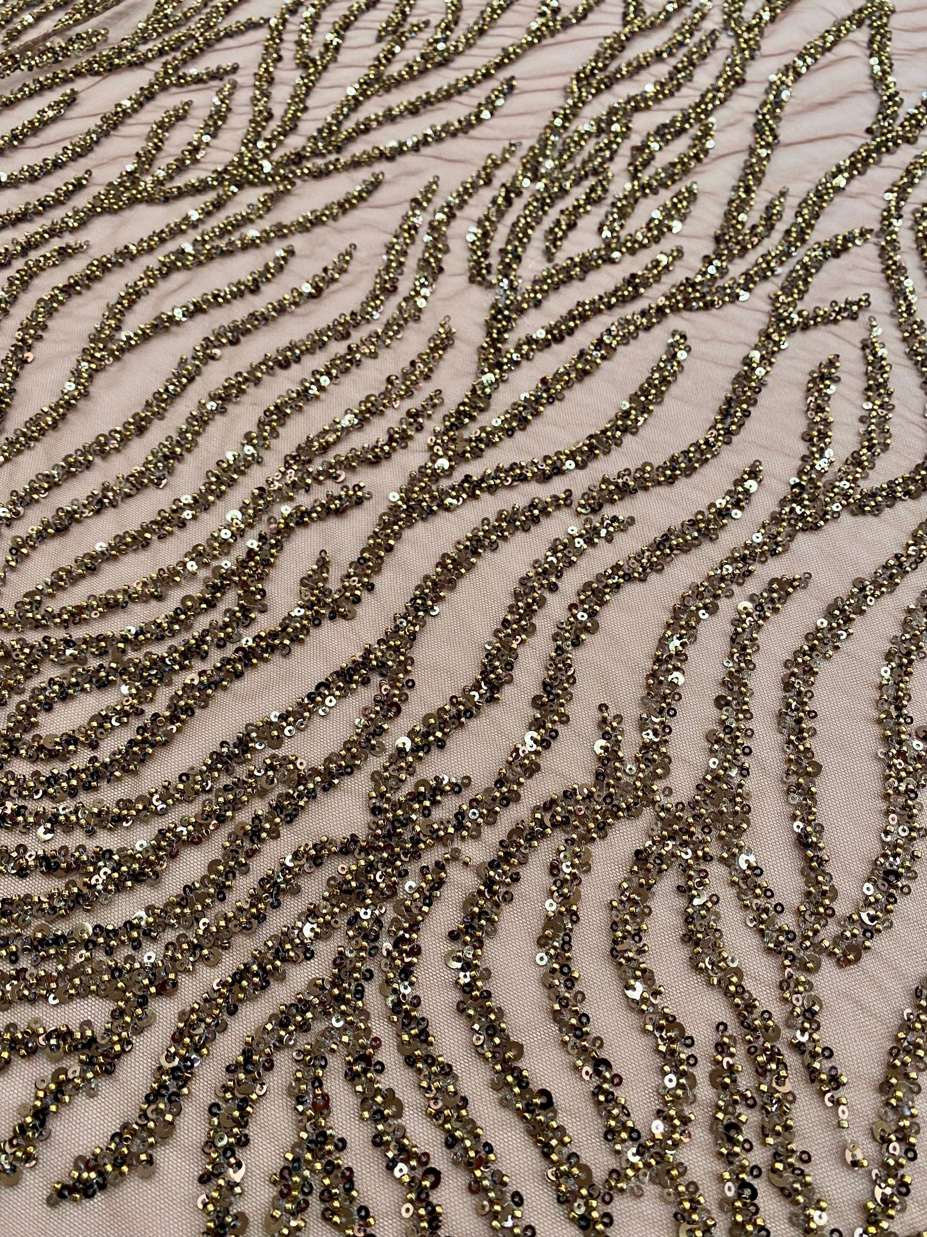 Dantela Couture Auriu Antic Siraguri, cu Margele si Paiete