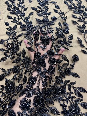 Dantela Couture Neagra cu Model Floral, Perle, Margele si Paiete