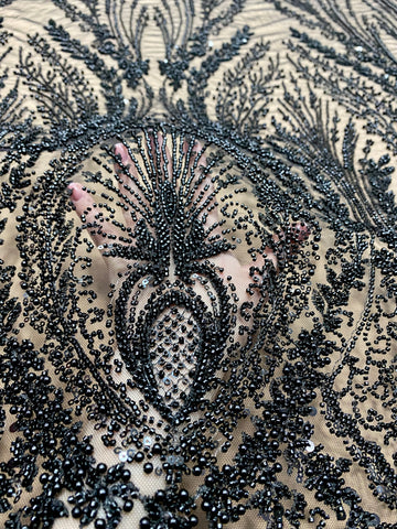 Dantela Couture Neagra cu Model Geometric, cu Perle, Margele si Paiete