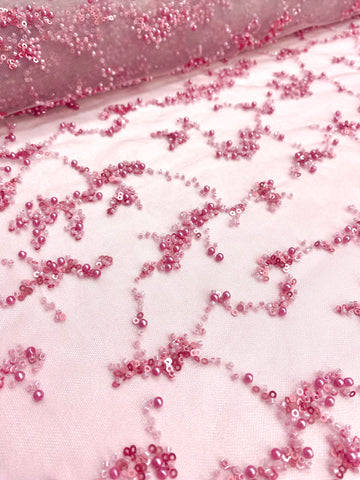 Dantela Couture Roz cu Perle, Margele si Paiete