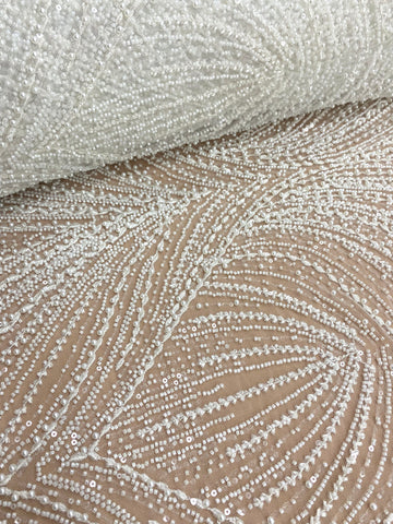 Dantela Couture Ivory cu Model Geometric, cu Perle, Margele si Paiete