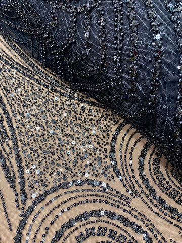 Dantela Couture Neagra cu Model Geometric, cu Perle, Margele si Paiete