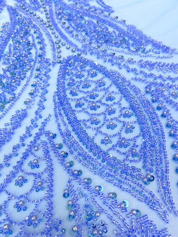 Dantela Couture Sky Blue cu Panou, cu Perle, Margele si Paiete