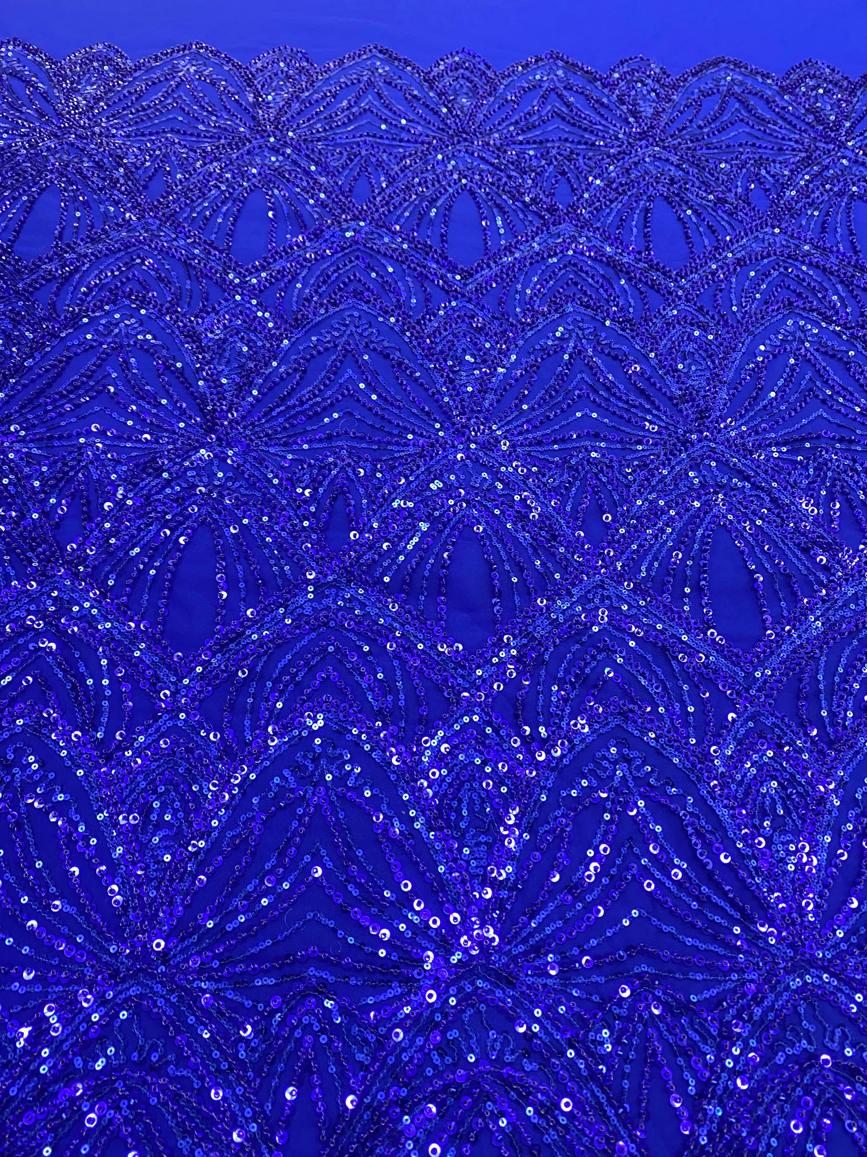 Dantela Couture Albastru Royal cu Model Geometric, cu Perle si Margele