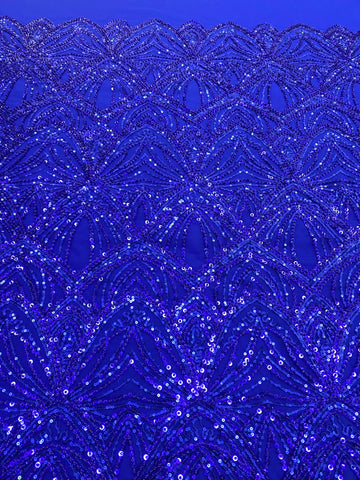Dantela Couture Albastru Royal cu Model Geometric, cu Perle si Margele