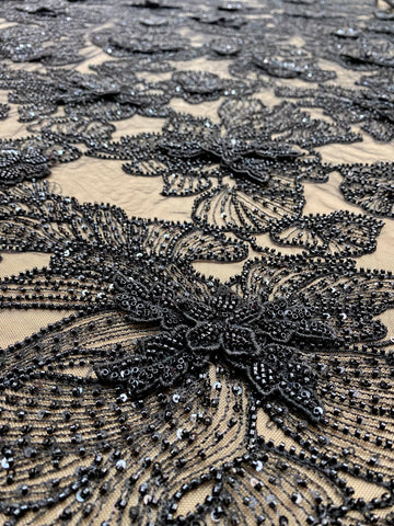Dantela Couture 3D cu Flori Neagra cu Margele si Paiete
