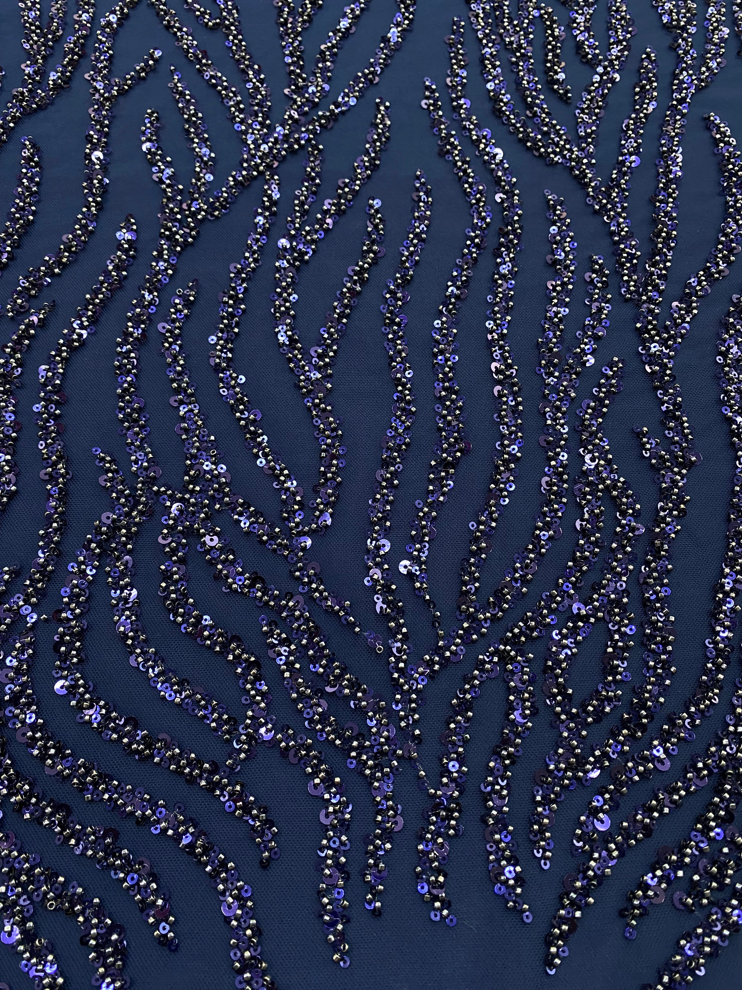 Dantela Couture Bleumarin cu Siraguri, cu Margele si Paiete