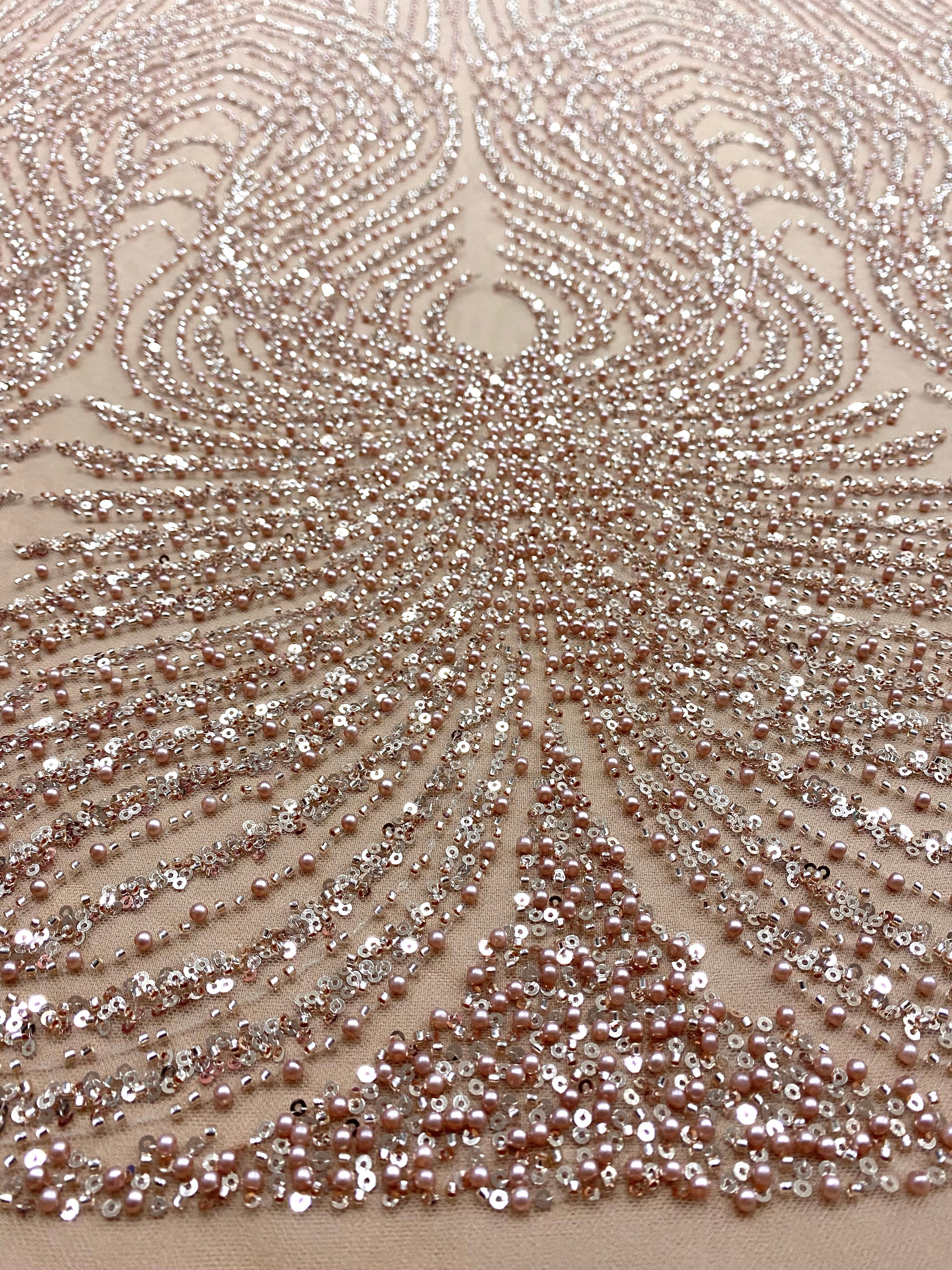 Dantela Couture Auriu Rose cu Panou, cu Perle, Margele si Paiete