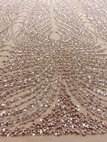 Dantela Couture Auriu Rose cu Panou, cu Perle, Margele si Paiete