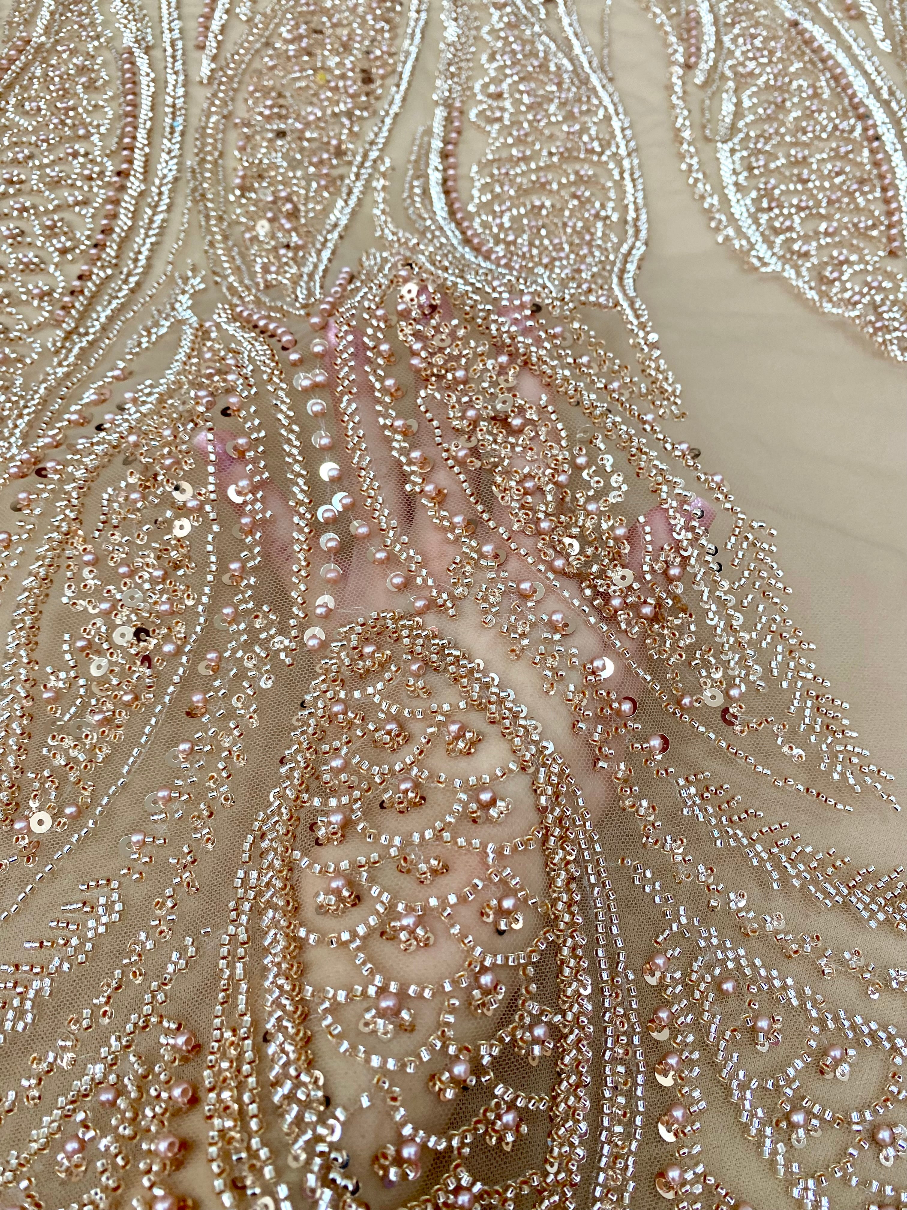 Dantela Couture Auriu Rose cu Panou, cu Perle, Margele si Paiete