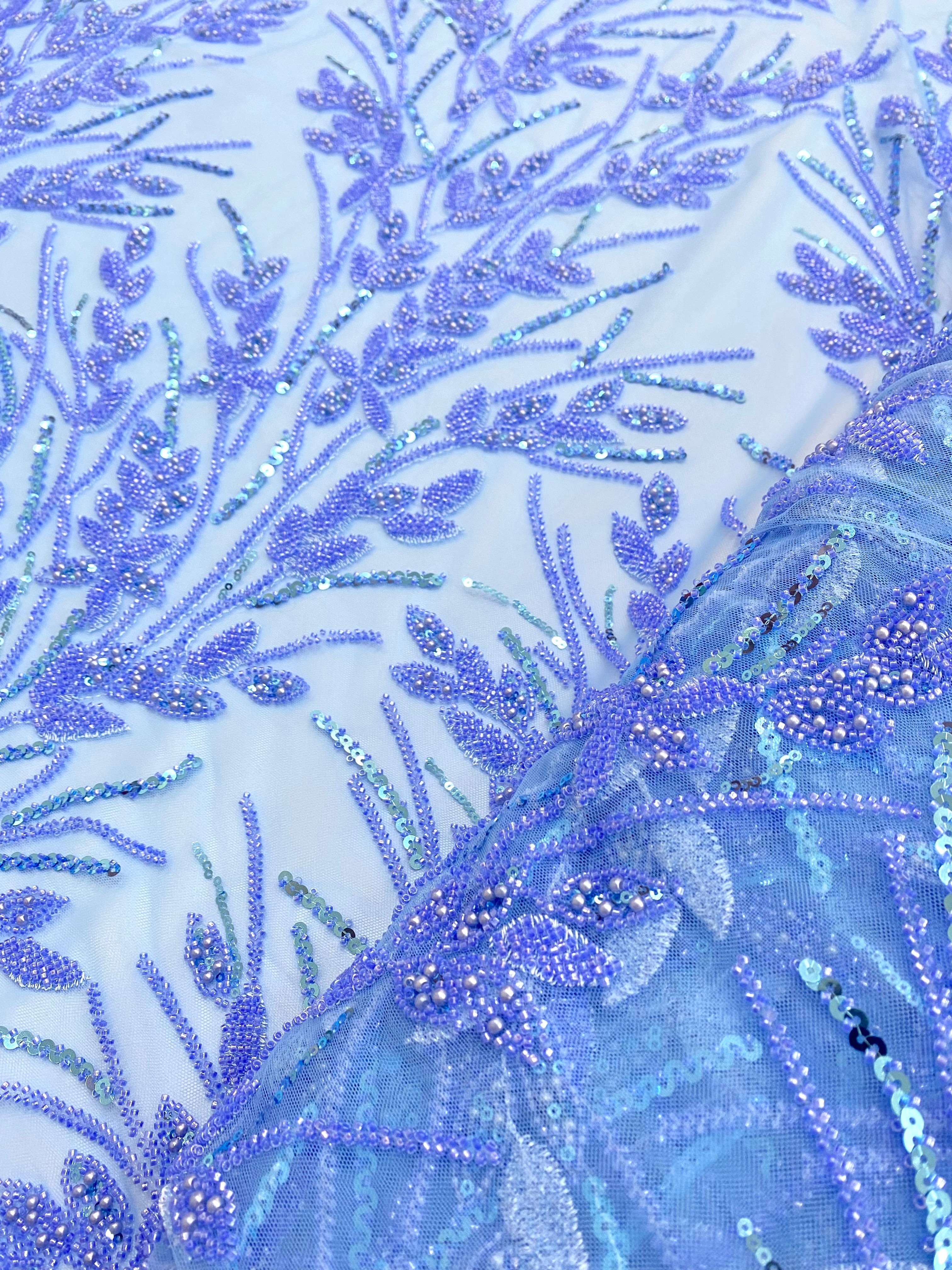 Dantela Couture Sky Blue cu Model Floral, Perle, Margele si Paiete