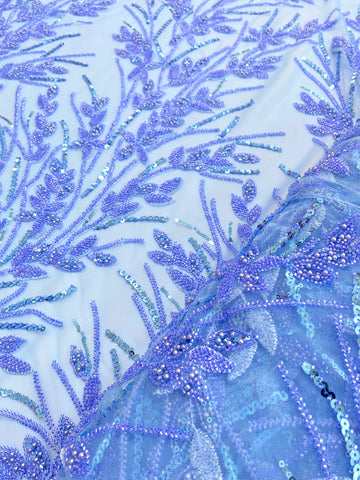Dantela Couture Sky Blue cu Model Floral, Perle, Margele si Paiete