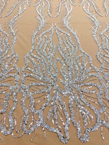 Dantela Couture Argintie pe Tulle Nude cu Panou, cu Margele si Paiete