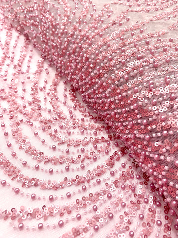 Dantela Couture Roz cu Panou, cu Perle, Margele si Paiete