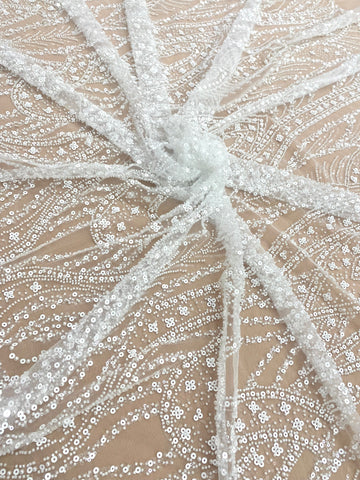 Dantela Couture Ivory cu Model Geometric, cu Perle, Margele si Paiete