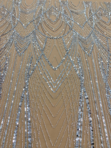 Dantela Couture Argintie pe Tulle Nude cu Panou, cu Margele si Paiete