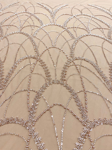 Dantela Couture Auriu Rose cu Model Geometric, cu Perle, Margele si Paiete