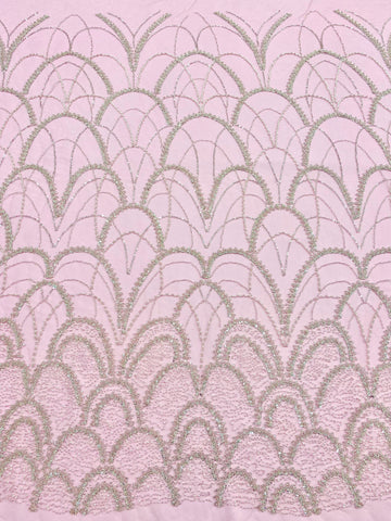 Dantela Couture Argintie pe Tulle Roz cu Model Geometric, cu Perle, Margele si Paiete