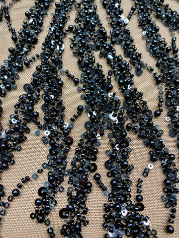 Dantela Couture Neagra cu Siraguri, cu Perle, Margele si Paiete