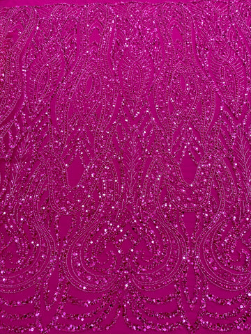 Dantela Couture Fucsia cu Model Geometric, cu Perle, Margele si Paiete
