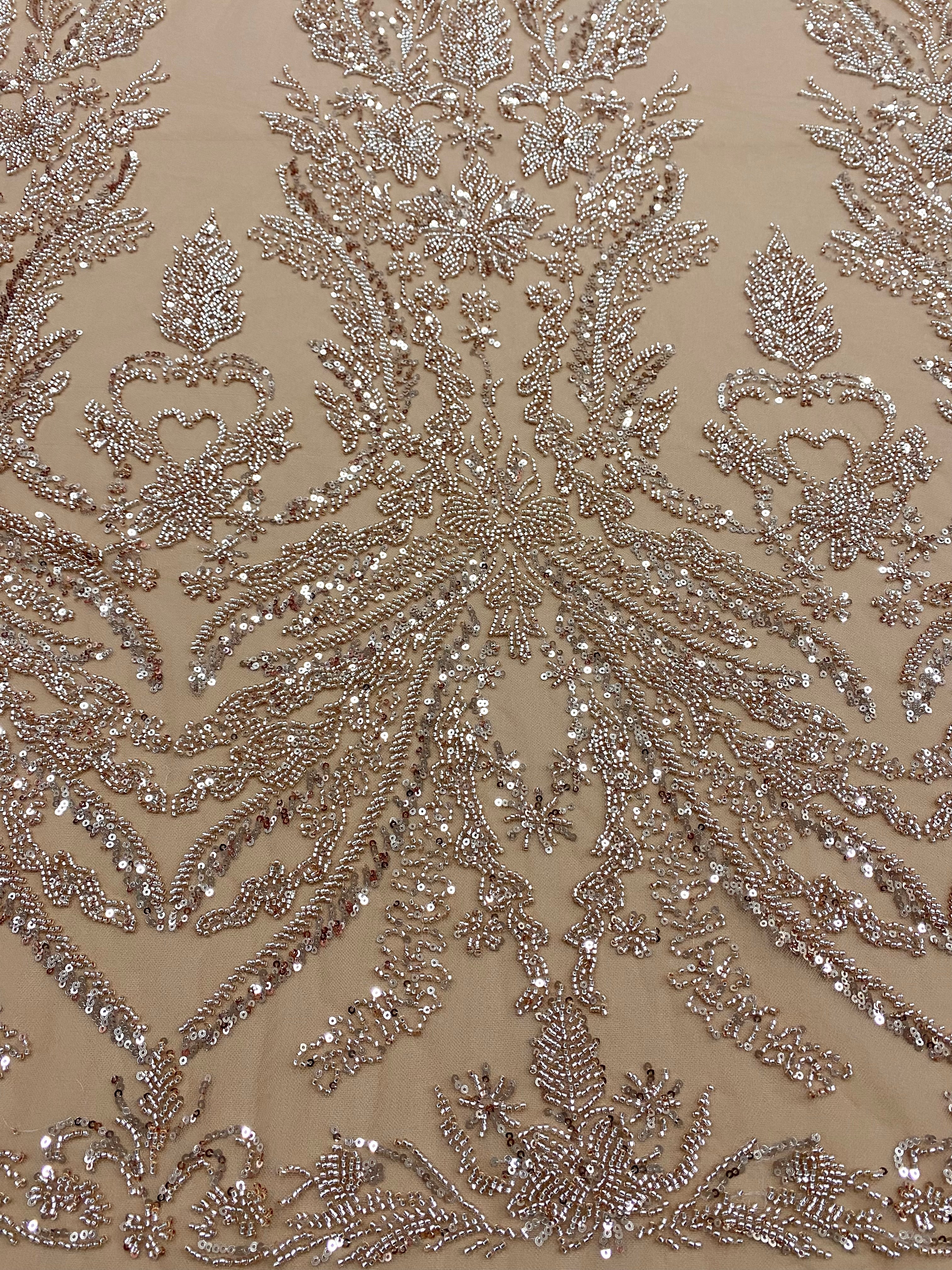 Dantela Couture Auriu Rose cu Model Floral, cu Margele si Paiete
