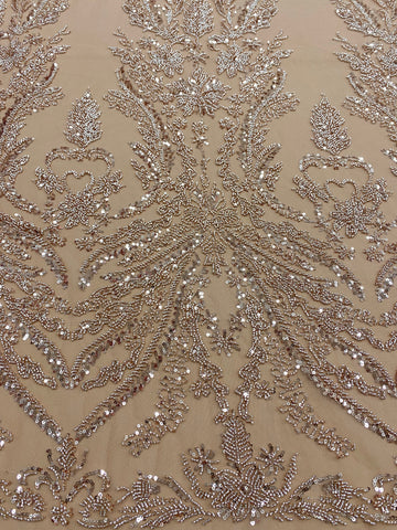 Dantela Couture Auriu Rose cu Model Floral, cu Margele si Paiete