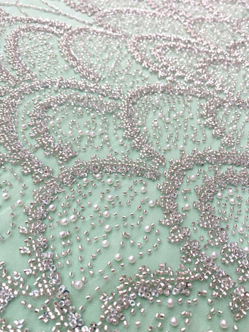 Dantela Couture Argintie pe Tulle Verde Menta cu Model Geometric, cu Perle, Margele si Paiete