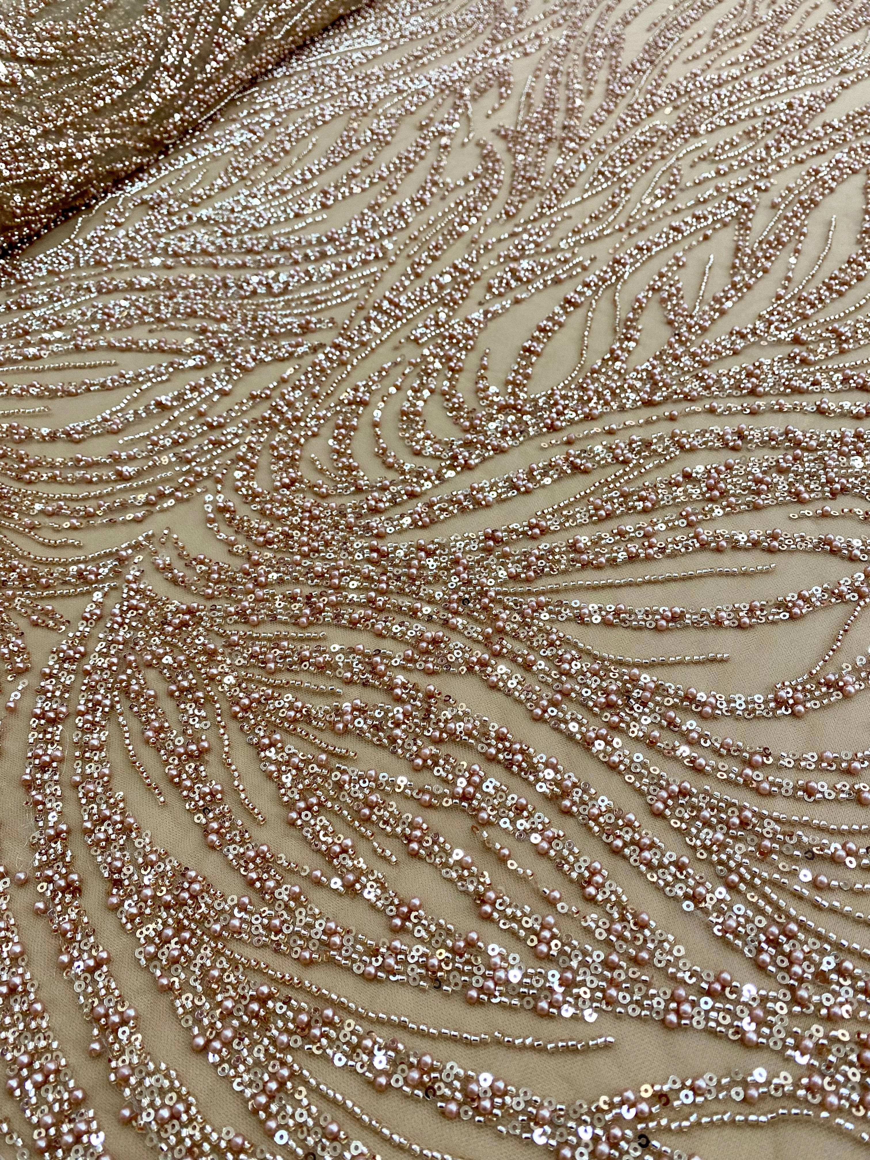 Dantela Couture Auriu Rose cu Model Liniar, cu Margele si Paiete