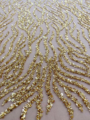 Dantela Couture Aurie cu Siraguri, cu Margele si Paiete