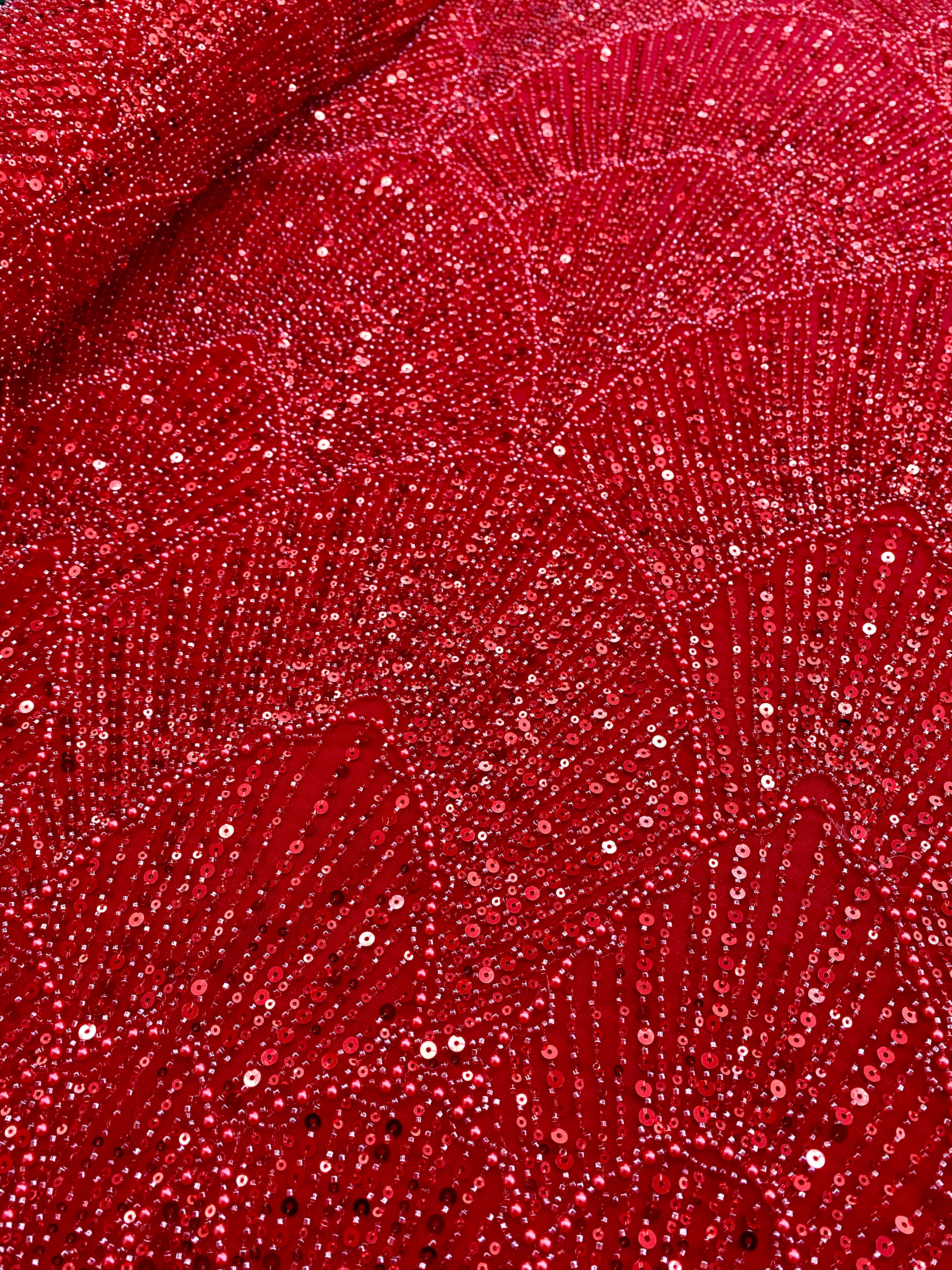 Dantela Couture Rosie cu Model Geometric, cu Perle, Margele si Paiete