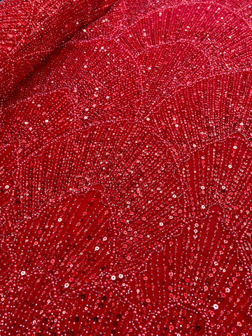 Dantela Couture Rosie cu Model Geometric, cu Perle, Margele si Paiete