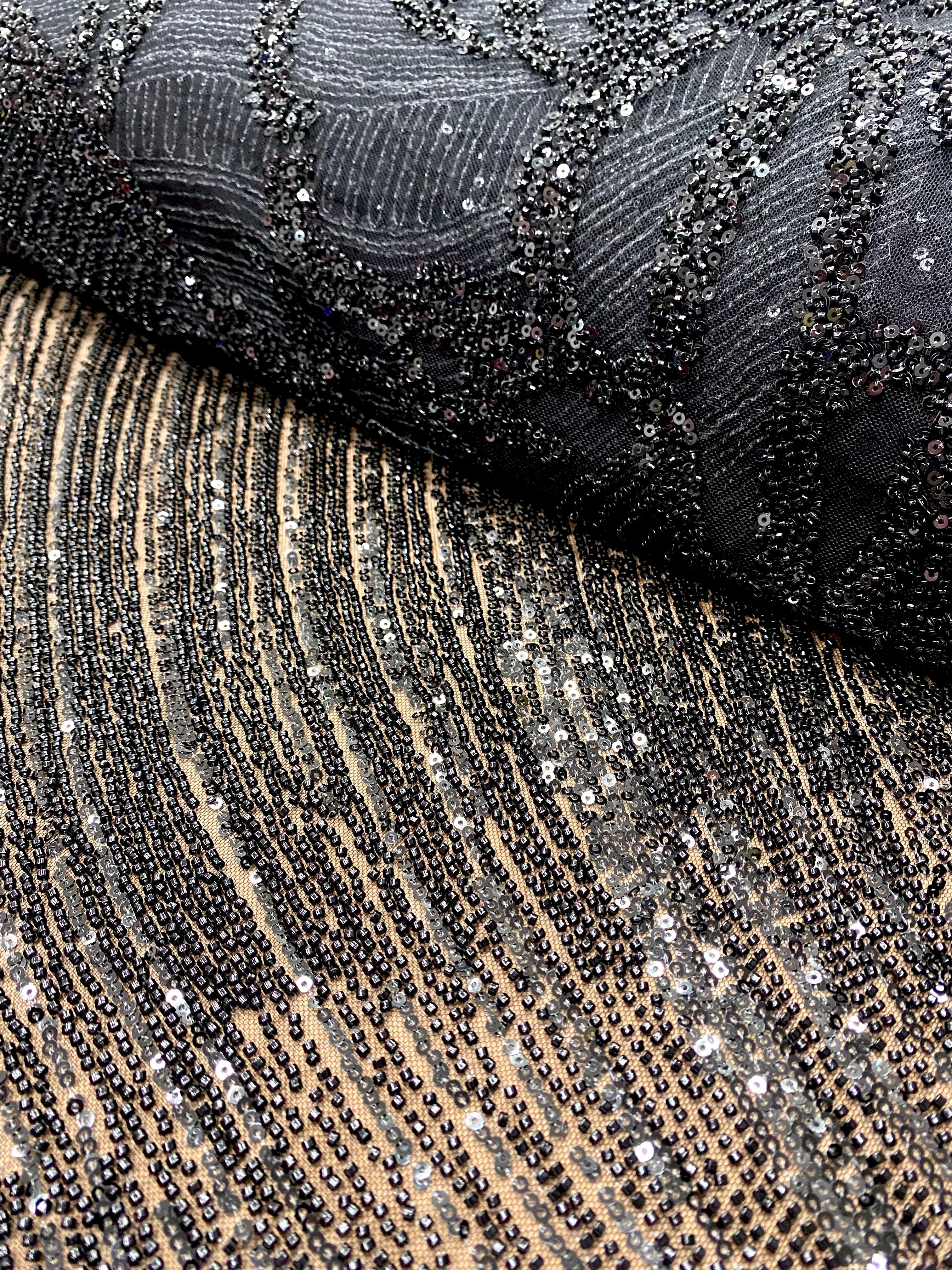 Dantela Couture Neagra cu Model Geometric, cu Margele si Paiete