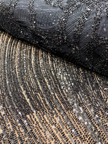 Dantela Couture Neagra cu Model Geometric, cu Margele si Paiete