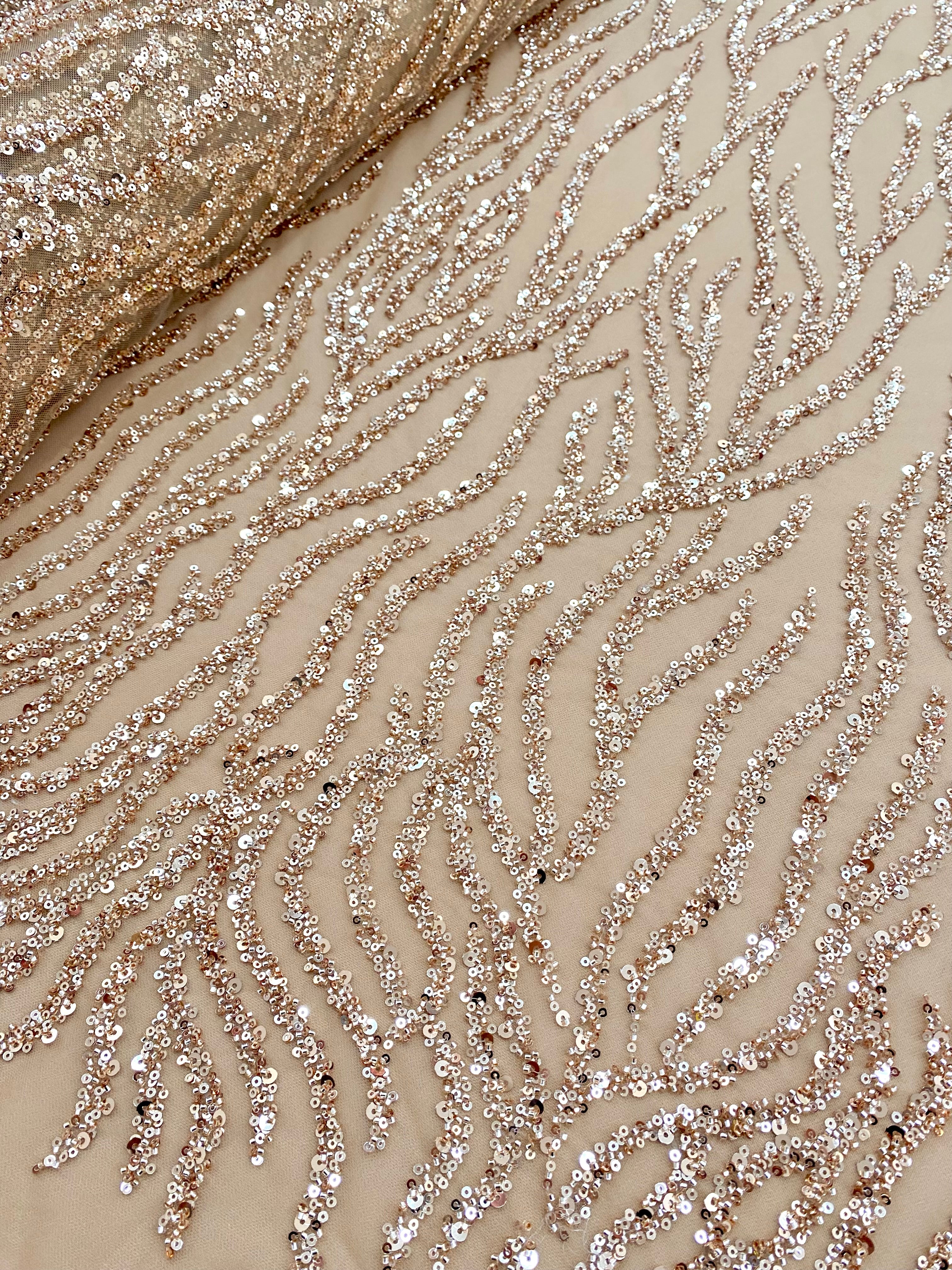 Dantela Couture Auriu Rose cu Siraguri, cu Margele si Paiete