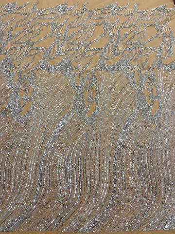 Dantela Couture Argintie pe Tulle Nude cu Model Geometric, cu Margele si Paiete