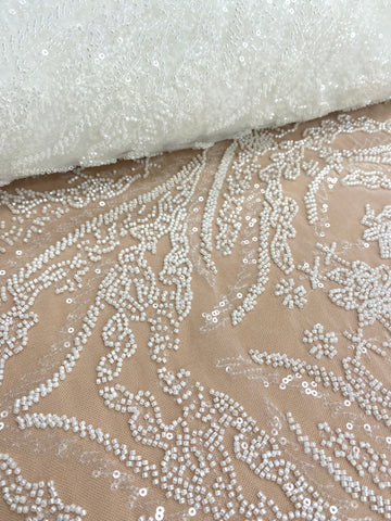 Dantela Couture Ivory cu Model Floral, cu Margele si Paiete