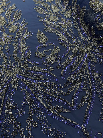Dantela Couture Bleumarin cu Model Floral, cu Margele si Paiete