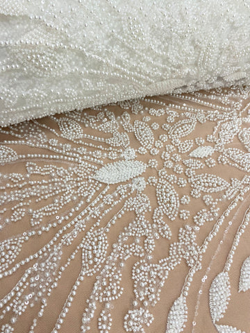 Dantela Couture Ivory cu Model Geometric, cu Perle, Margele si Paiete