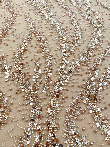 Dantela Couture Auriu Rose cu Perle, Margele si Paiete