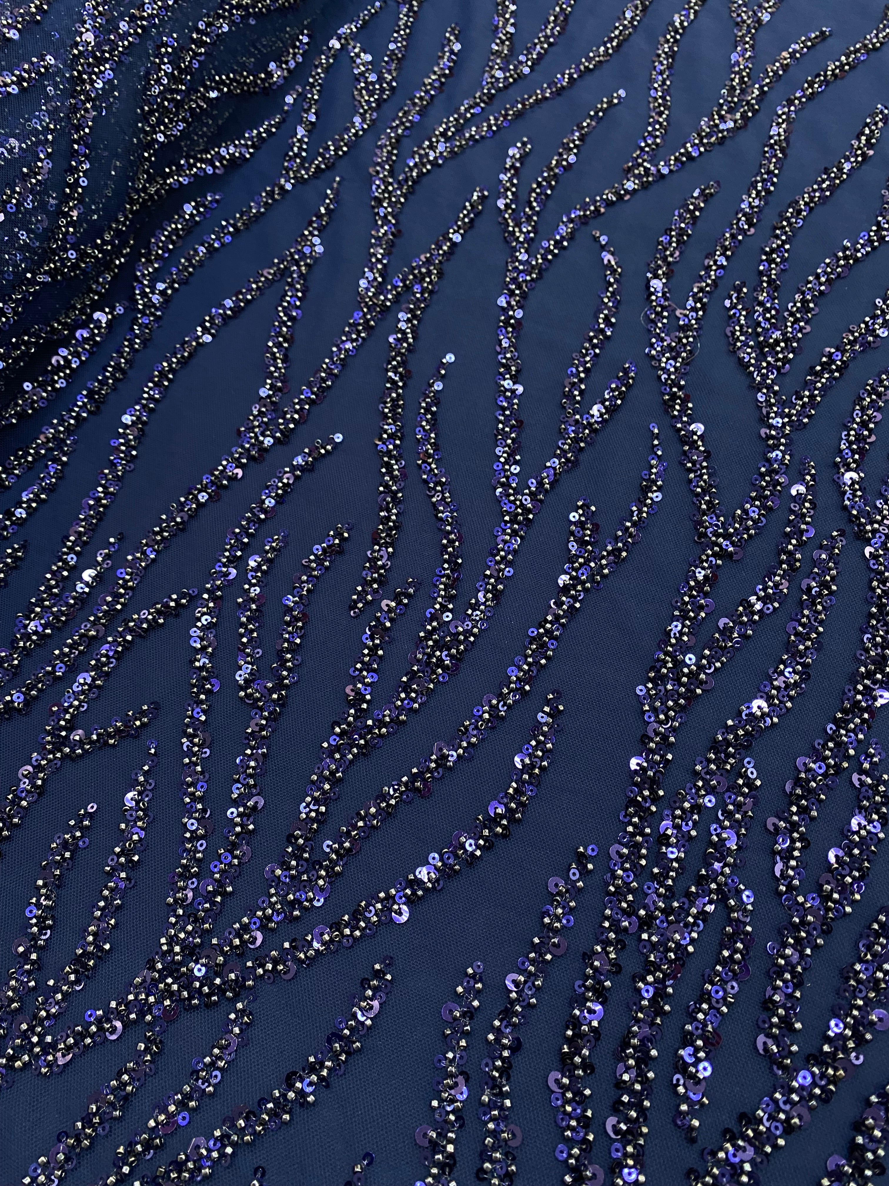 Dantela Couture Bleumarin cu Siraguri, cu Margele si Paiete