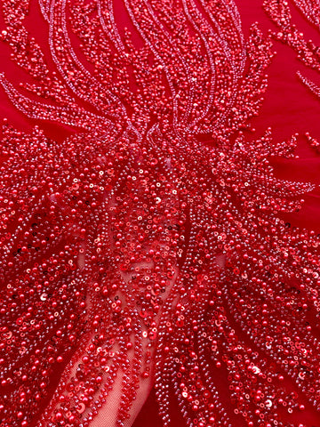 Dantela Couture Rosie cu Panou, cu Perle, Margele si Paiete