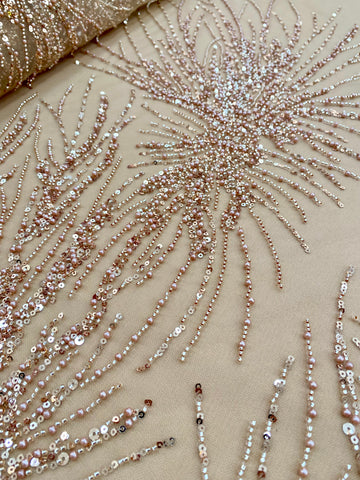 Dantela Couture Auriu Rose cu Model Liniar, cu Perle, Margele si Paiete