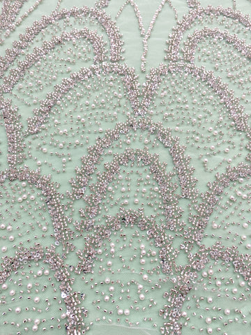 Dantela Couture Argintie pe Tulle Verde Menta cu Model Geometric, cu Perle, Margele si Paiete