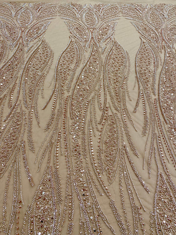 Dantela Couture Auriu Rose cu Panou, cu Perle, Margele si Paiete