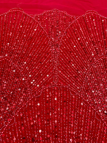 Dantela Couture Rosie cu Model Geometric, cu Perle, Margele si Paiete