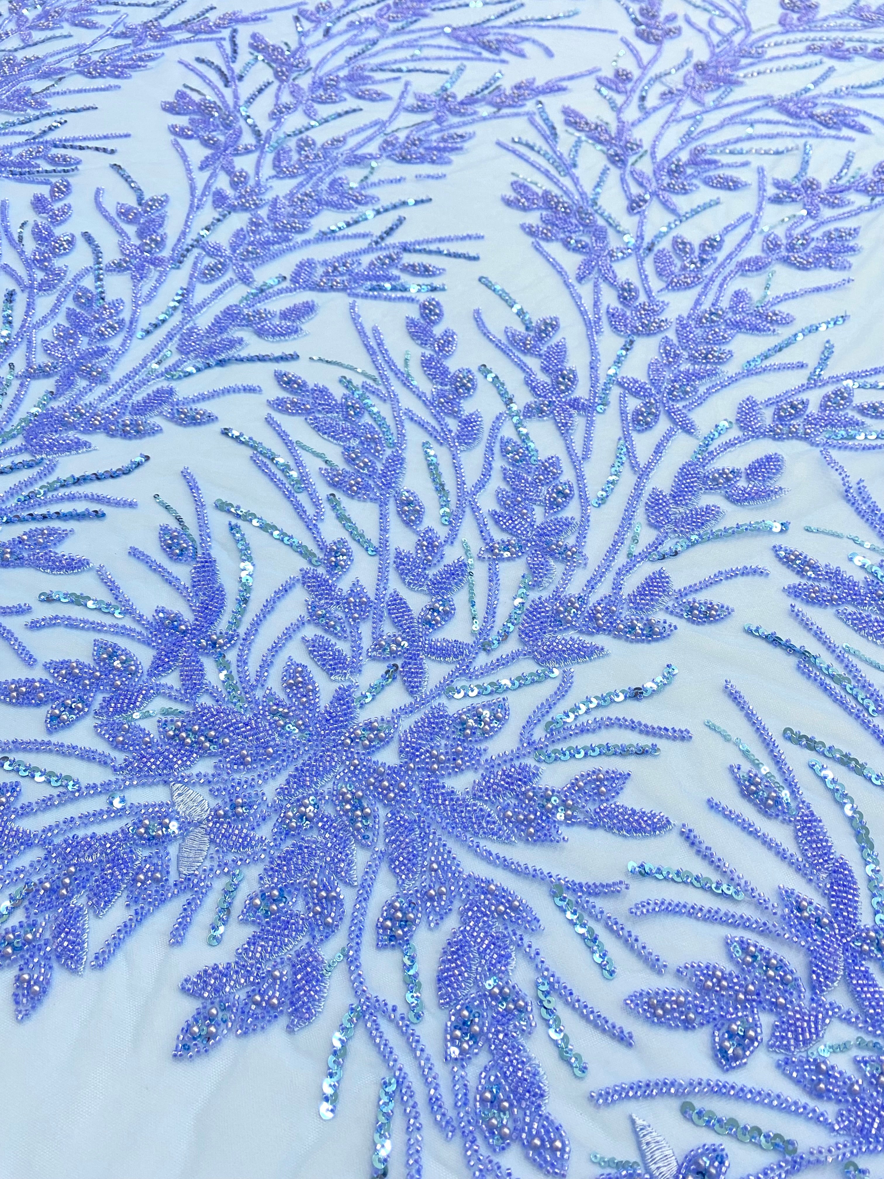 Dantela Couture Sky Blue cu Model Floral, Perle, Margele si Paiete